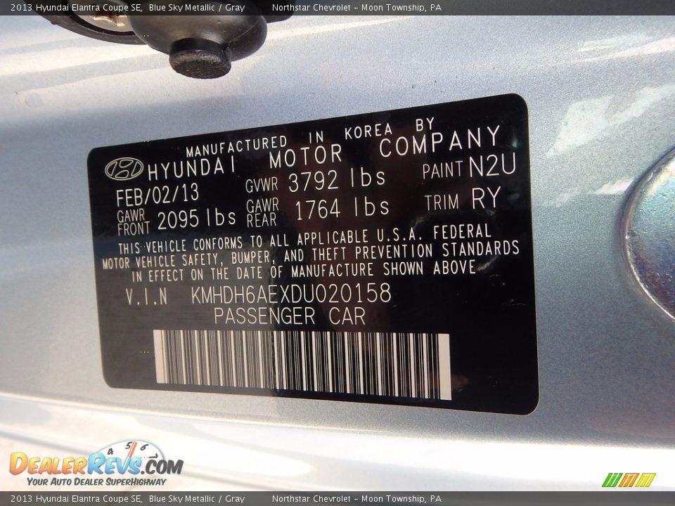 2013 Hyundai Elantra Coupe SE Blue Sky Metallic / Gray Photo #29