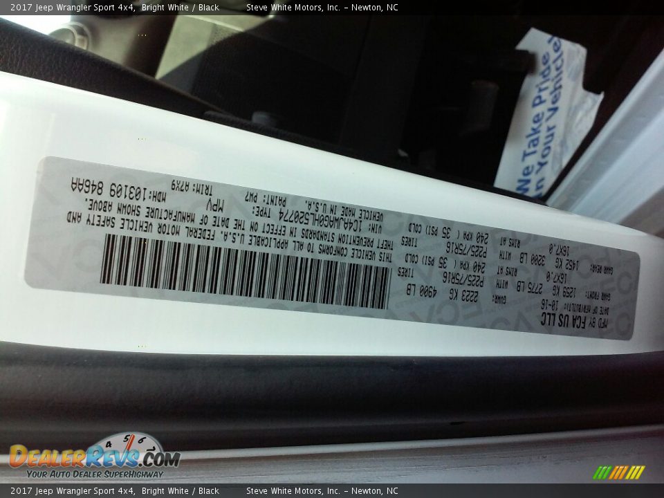 2017 Jeep Wrangler Sport 4x4 Bright White / Black Photo #21