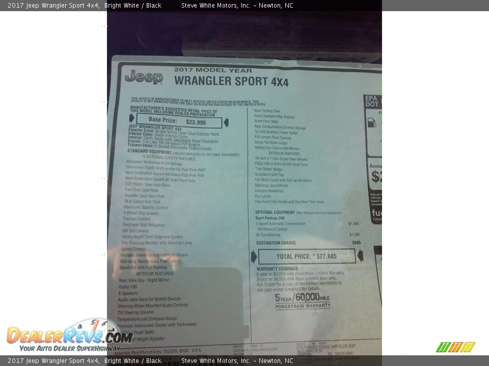 2017 Jeep Wrangler Sport 4x4 Bright White / Black Photo #22