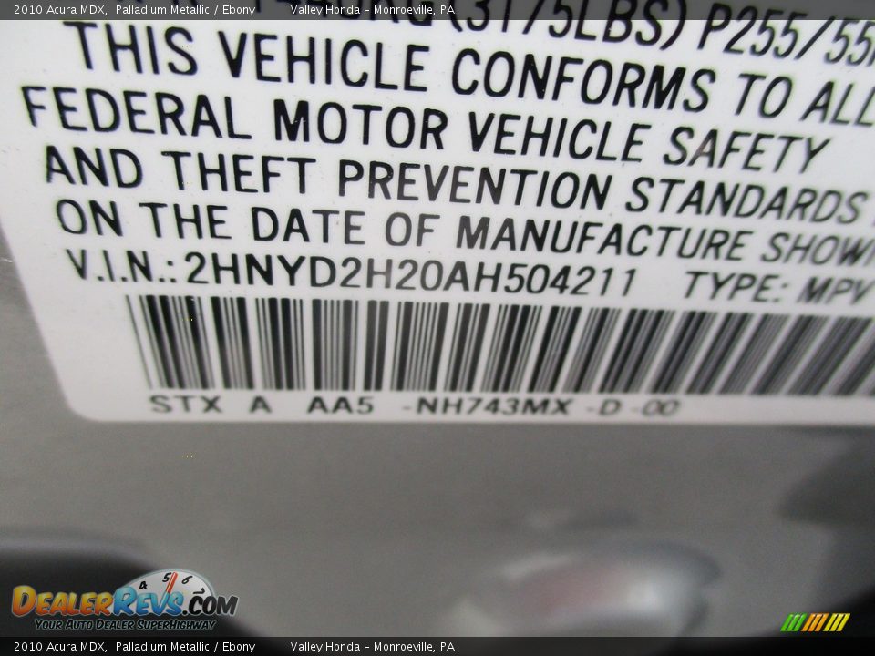 2010 Acura MDX Palladium Metallic / Ebony Photo #19