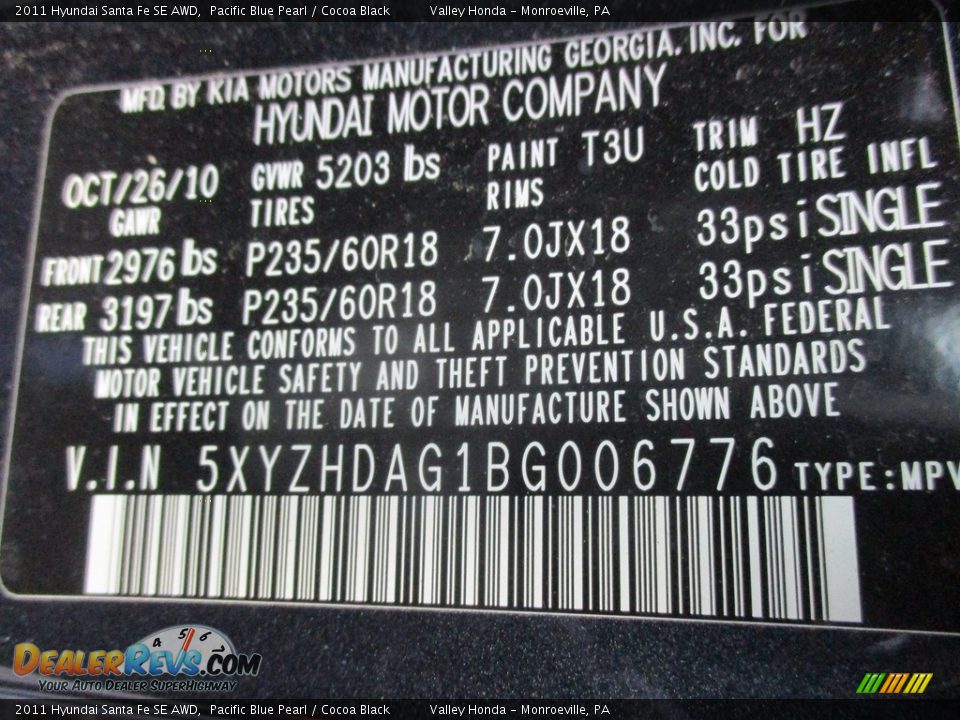 2011 Hyundai Santa Fe SE AWD Pacific Blue Pearl / Cocoa Black Photo #19