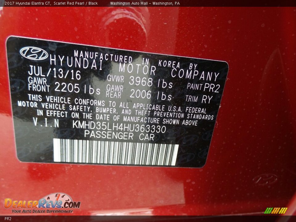 Hyundai Color Code PR2 Scarlet Red Pearl