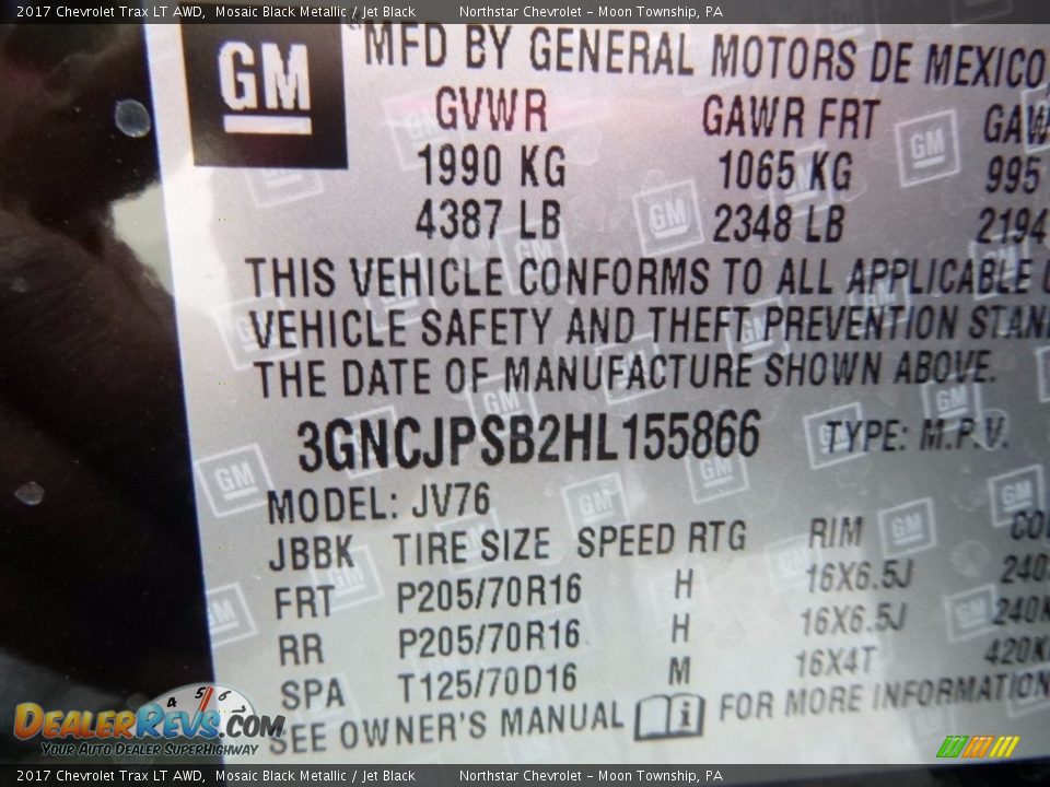 2017 Chevrolet Trax LT AWD Mosaic Black Metallic / Jet Black Photo #15
