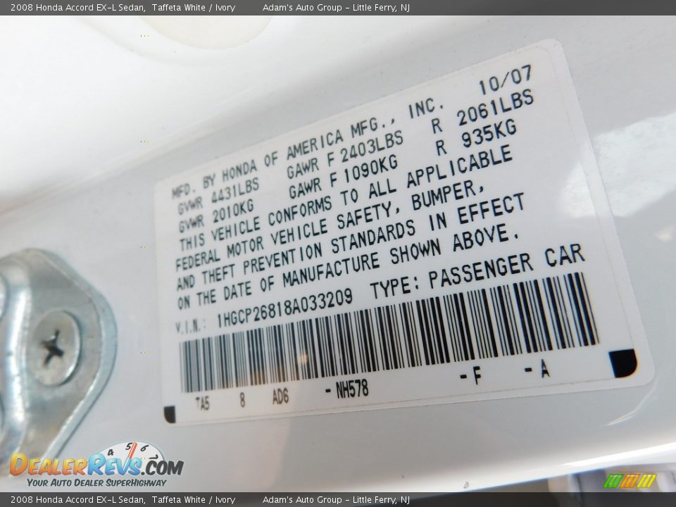 2008 Honda Accord EX-L Sedan Taffeta White / Ivory Photo #26