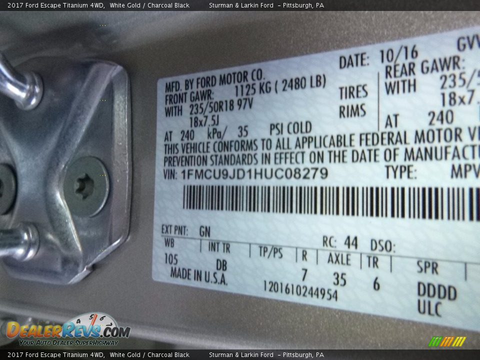 2017 Ford Escape Titanium 4WD White Gold / Charcoal Black Photo #11