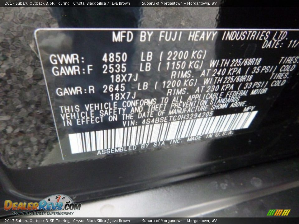 2017 Subaru Outback 3.6R Touring Crystal Black Silica / Java Brown Photo #15