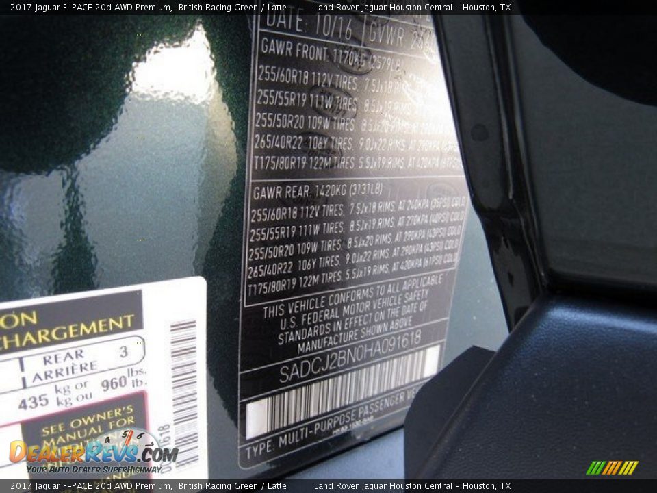 2017 Jaguar F-PACE 20d AWD Premium British Racing Green / Latte Photo #20