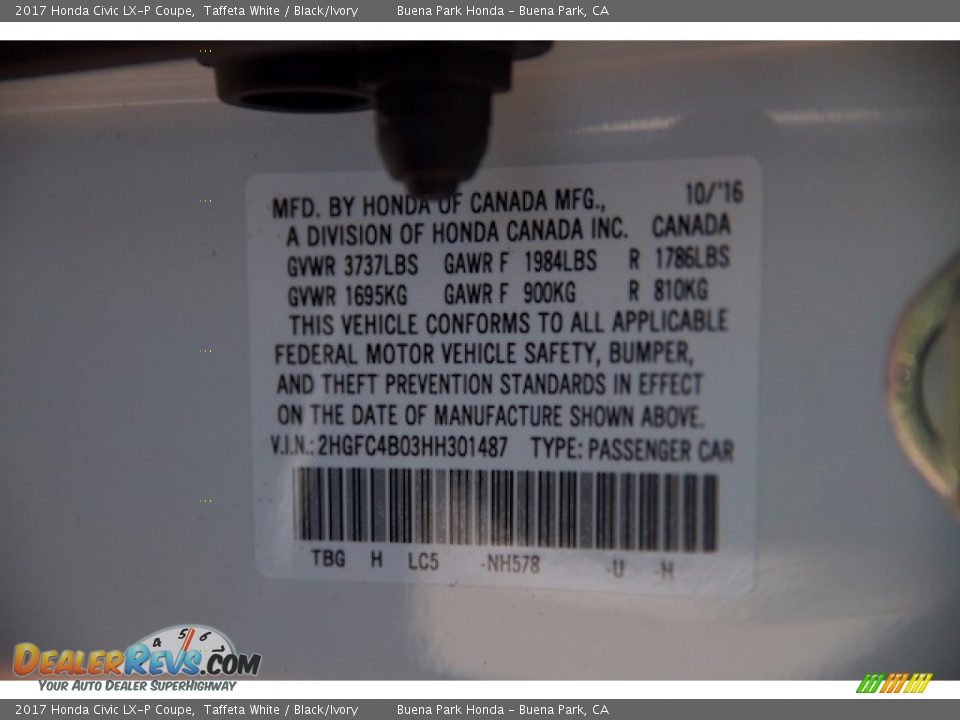 2017 Honda Civic LX-P Coupe Taffeta White / Black/Ivory Photo #16