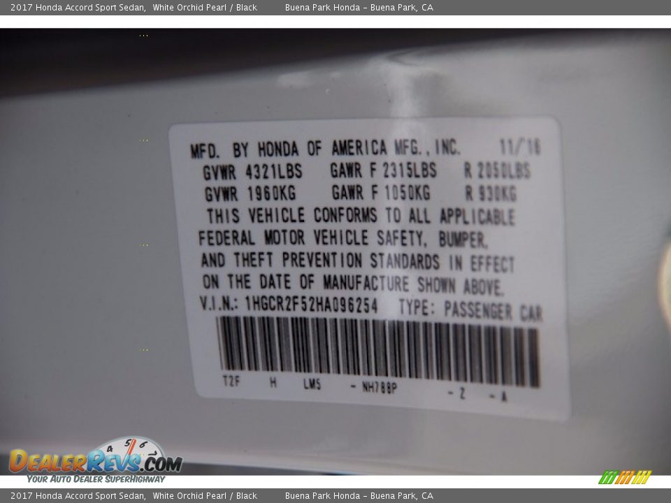 2017 Honda Accord Sport Sedan White Orchid Pearl / Black Photo #16