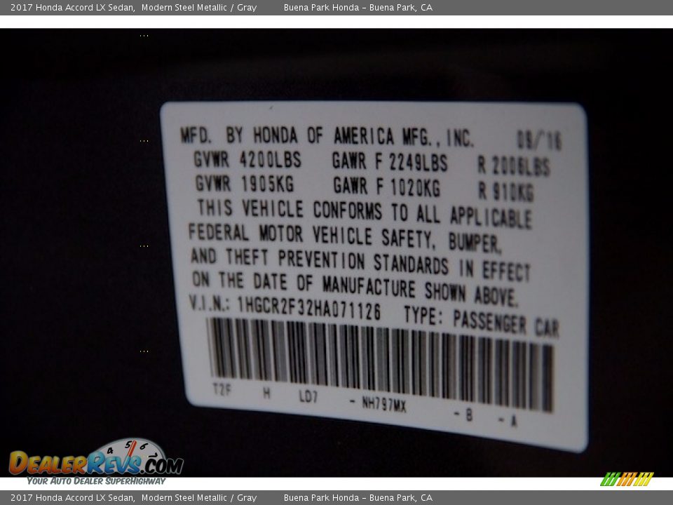 2017 Honda Accord LX Sedan Modern Steel Metallic / Gray Photo #16