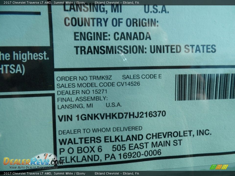 2017 Chevrolet Traverse LT AWD Summit White / Ebony Photo #15