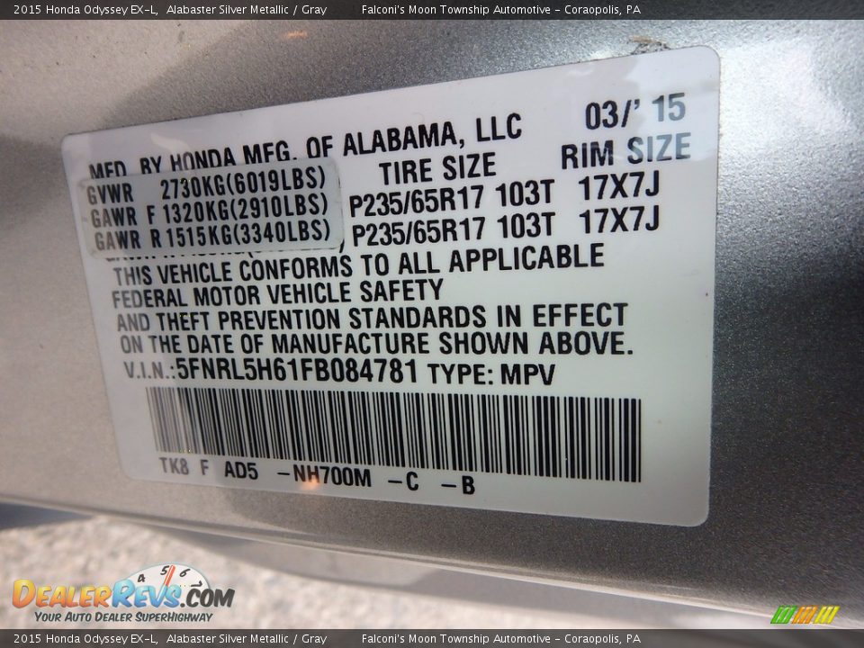 2015 Honda Odyssey EX-L Alabaster Silver Metallic / Gray Photo #22