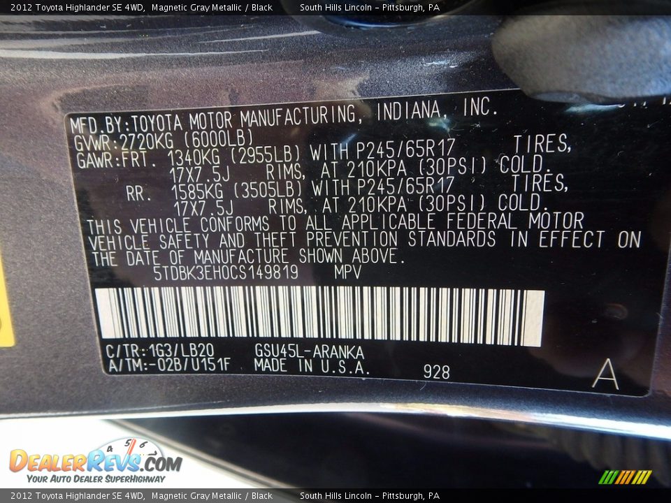 2012 Toyota Highlander SE 4WD Magnetic Gray Metallic / Black Photo #23
