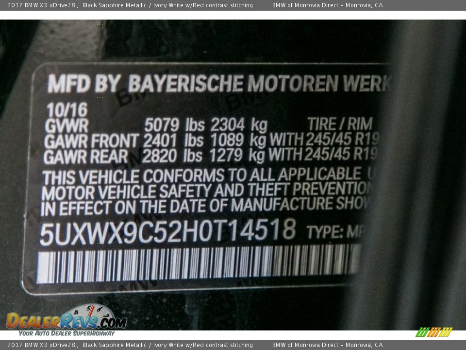 2017 BMW X3 xDrive28i Black Sapphire Metallic / Ivory White w/Red contrast stitching Photo #10