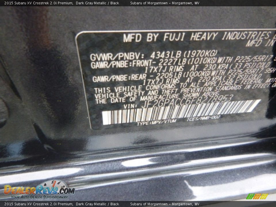 2015 Subaru XV Crosstrek 2.0i Premium Dark Gray Metallic / Black Photo #15