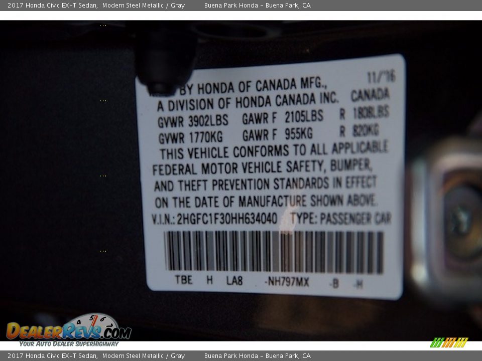 2017 Honda Civic EX-T Sedan Modern Steel Metallic / Gray Photo #18