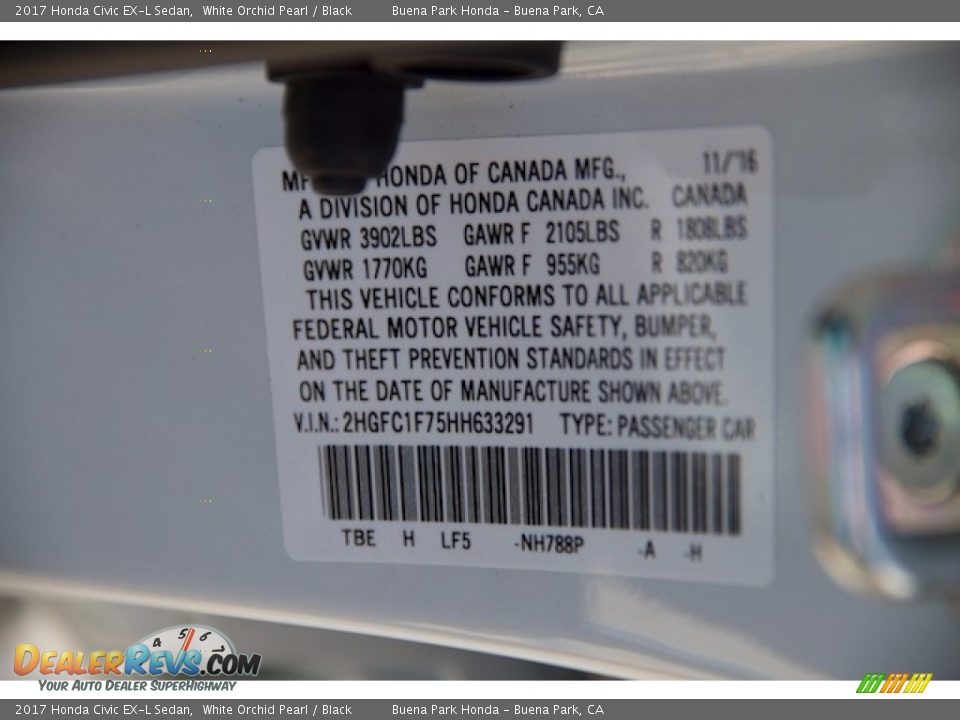 2017 Honda Civic EX-L Sedan White Orchid Pearl / Black Photo #18