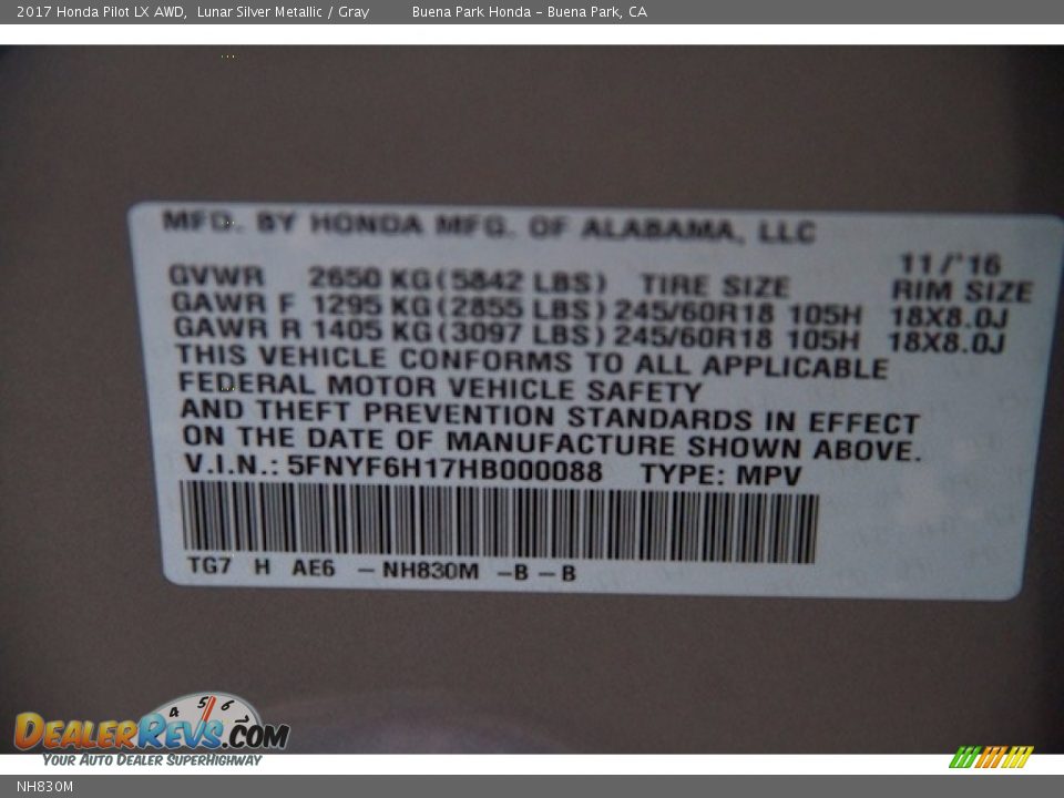 Honda Color Code NH830M Lunar Silver Metallic