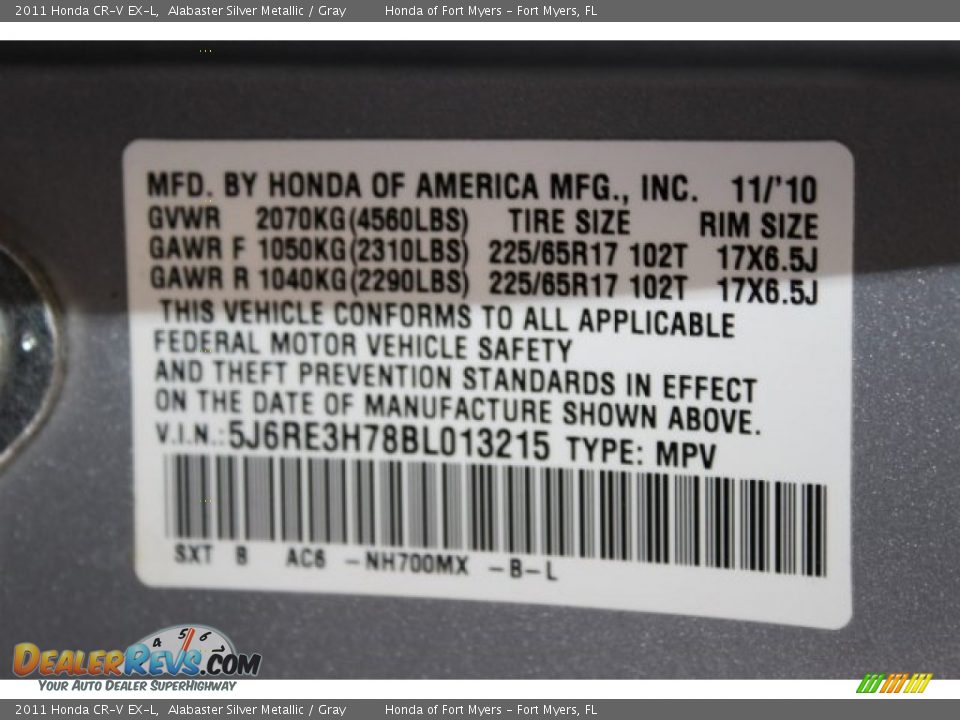 2011 Honda CR-V EX-L Alabaster Silver Metallic / Gray Photo #35