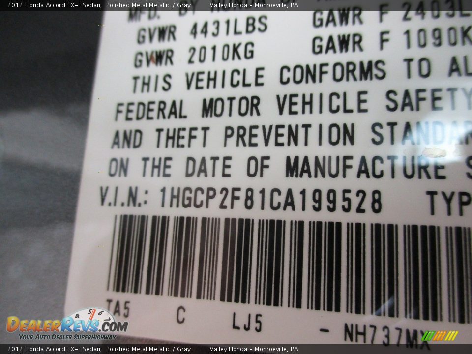 2012 Honda Accord EX-L Sedan Polished Metal Metallic / Gray Photo #19