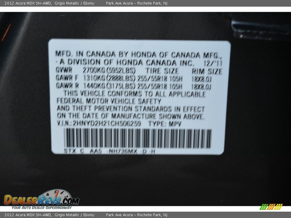 2012 Acura MDX SH-AWD Grigio Metallic / Ebony Photo #35