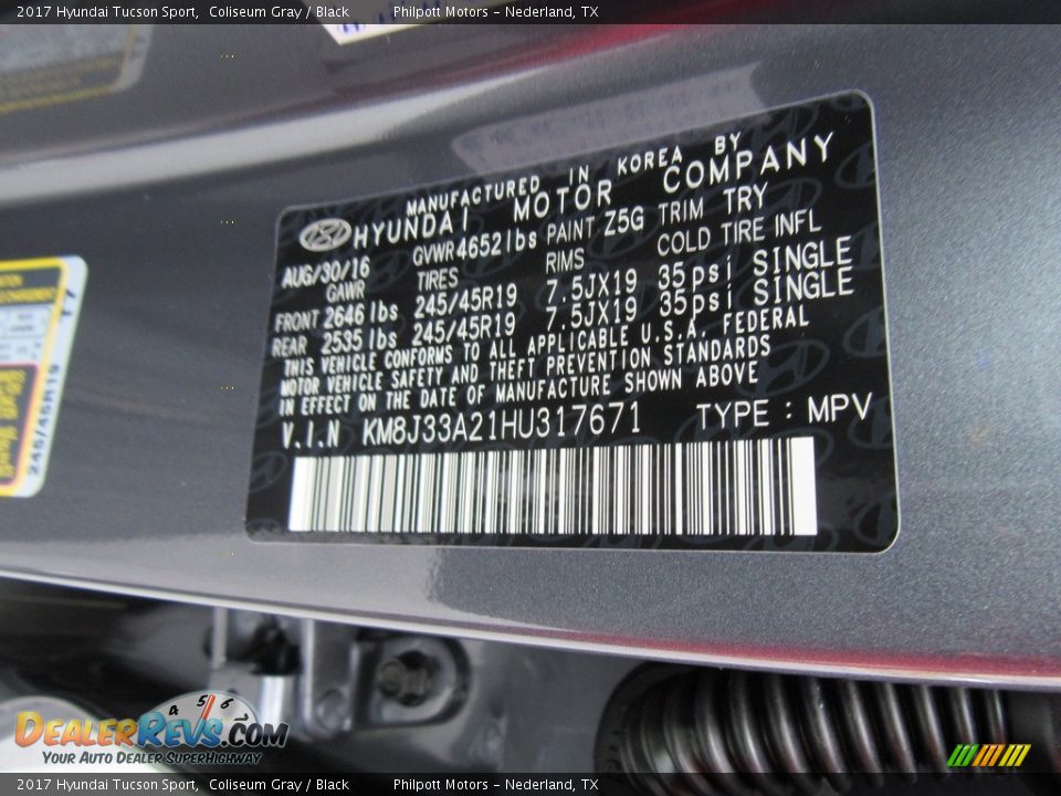 2017 Hyundai Tucson Sport Coliseum Gray / Black Photo #33