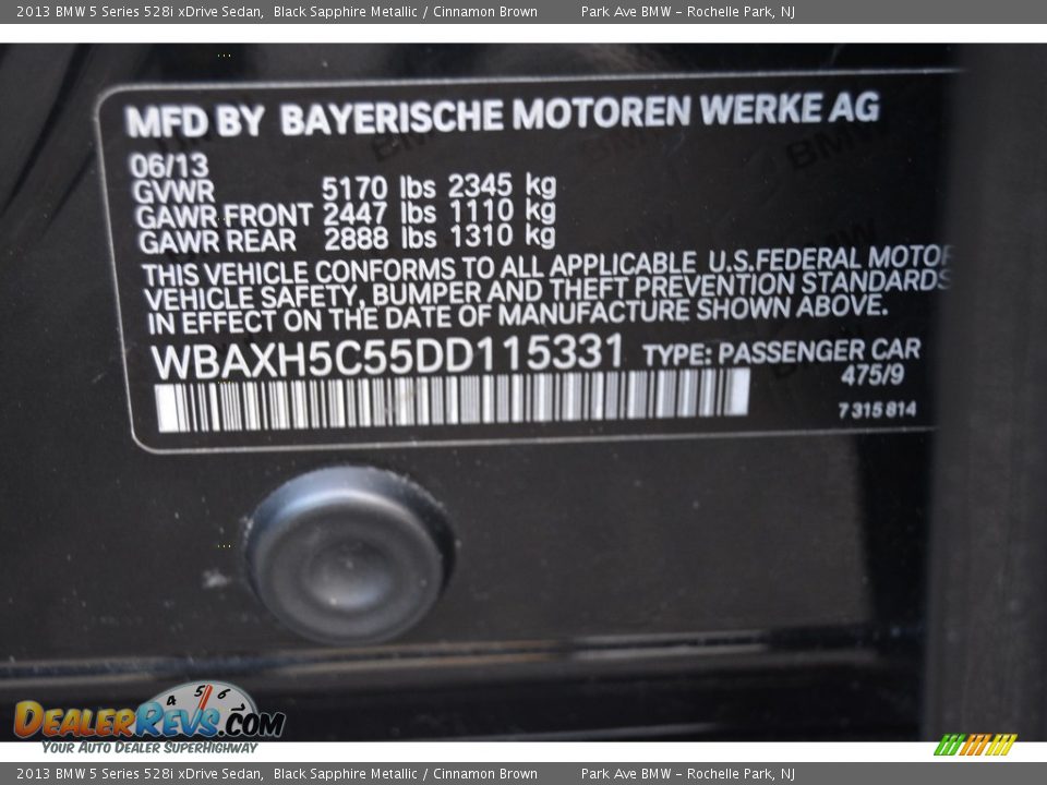 2013 BMW 5 Series 528i xDrive Sedan Black Sapphire Metallic / Cinnamon Brown Photo #33
