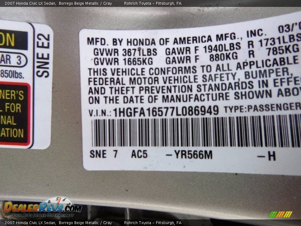 2007 Honda Civic LX Sedan Borrego Beige Metallic / Gray Photo #27