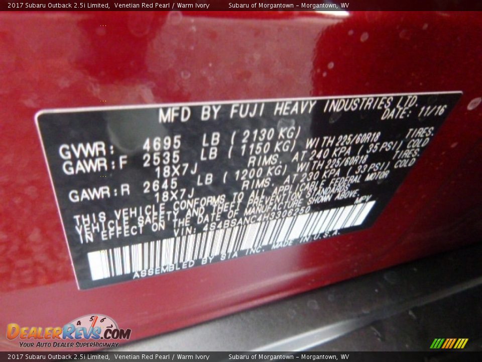 2017 Subaru Outback 2.5i Limited Venetian Red Pearl / Warm Ivory Photo #15