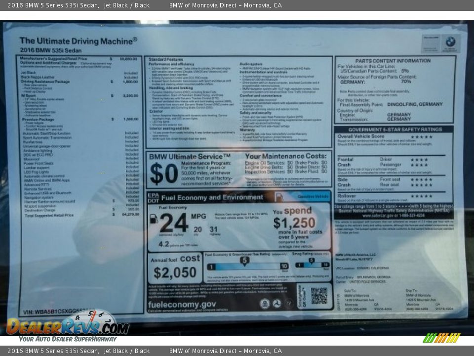 2016 BMW 5 Series 535i Sedan Jet Black / Black Photo #11