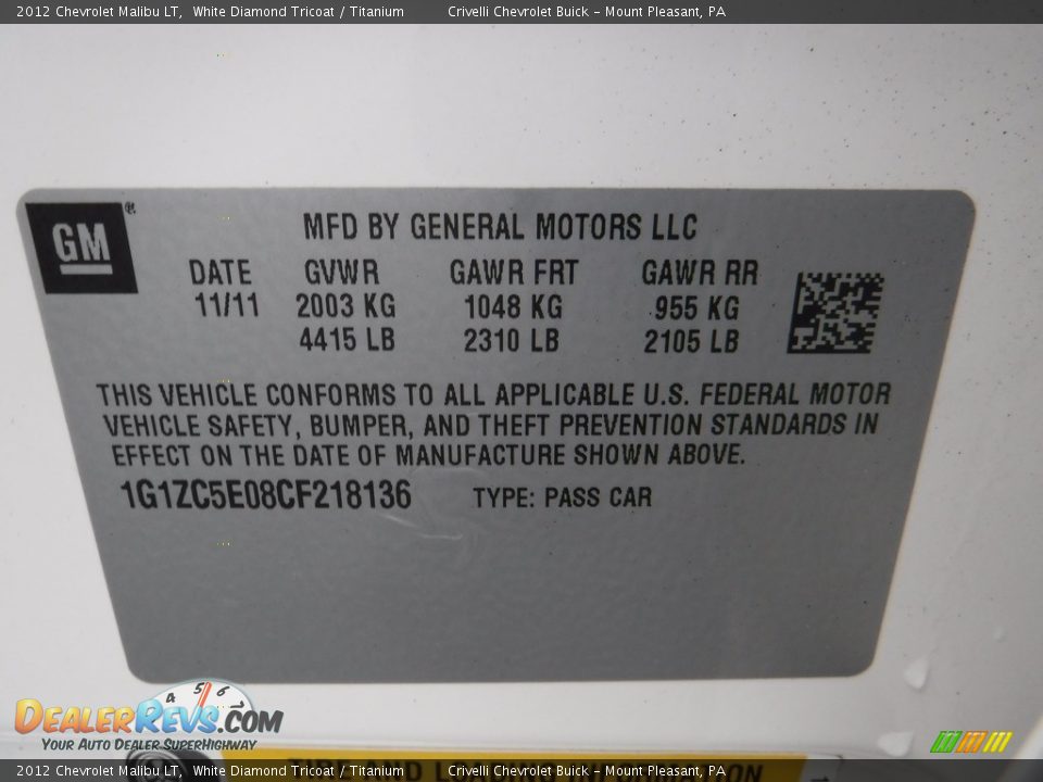 2012 Chevrolet Malibu LT White Diamond Tricoat / Titanium Photo #33