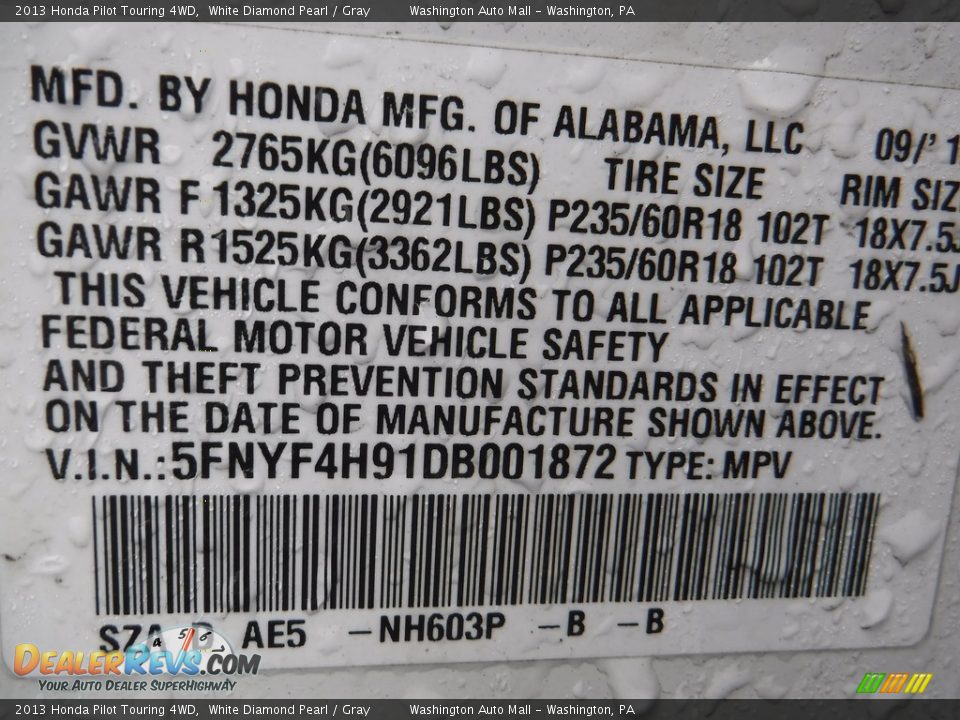 2013 Honda Pilot Touring 4WD White Diamond Pearl / Gray Photo #29