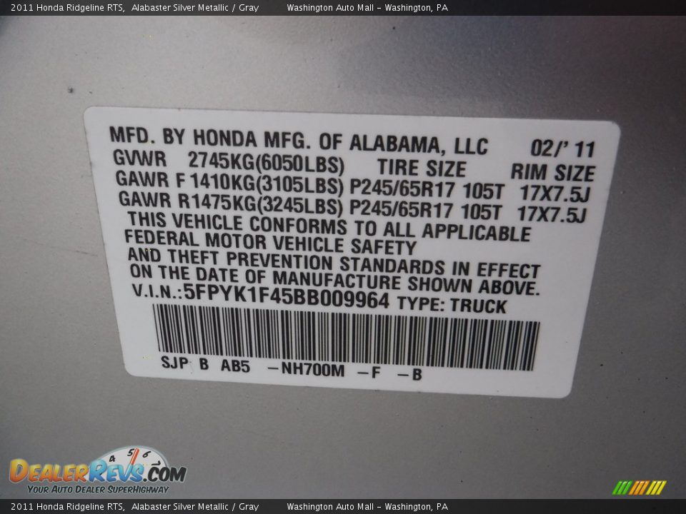 2011 Honda Ridgeline RTS Alabaster Silver Metallic / Gray Photo #24