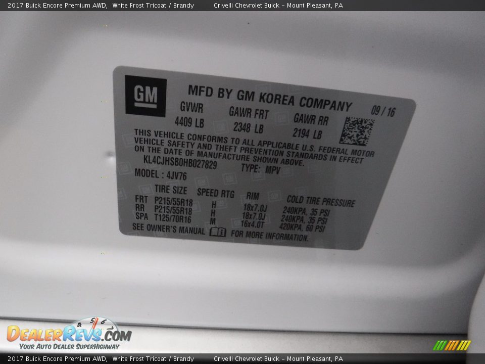 2017 Buick Encore Premium AWD White Frost Tricoat / Brandy Photo #27