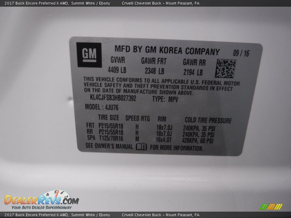 2017 Buick Encore Preferred II AWD Summit White / Ebony Photo #25