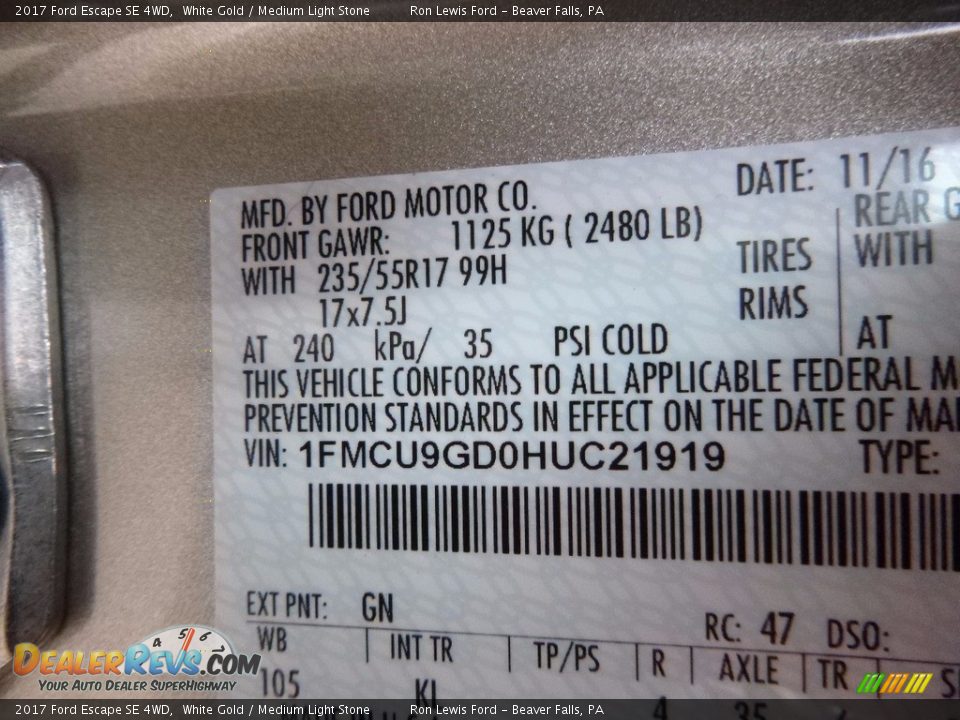 2017 Ford Escape SE 4WD White Gold / Medium Light Stone Photo #14