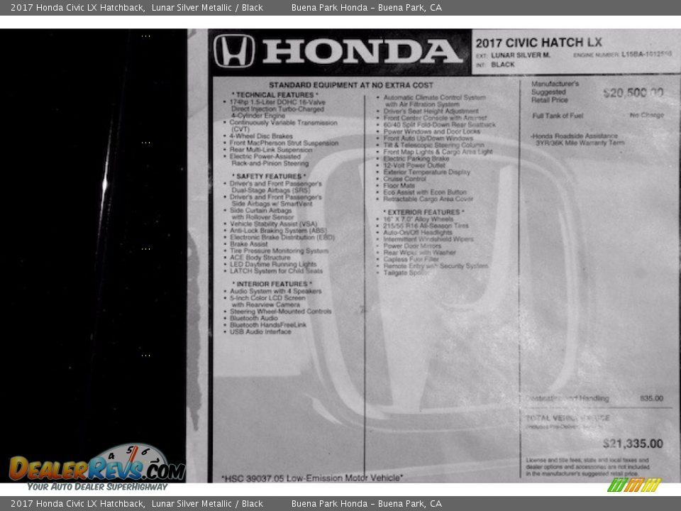 2017 Honda Civic LX Hatchback Window Sticker Photo #15