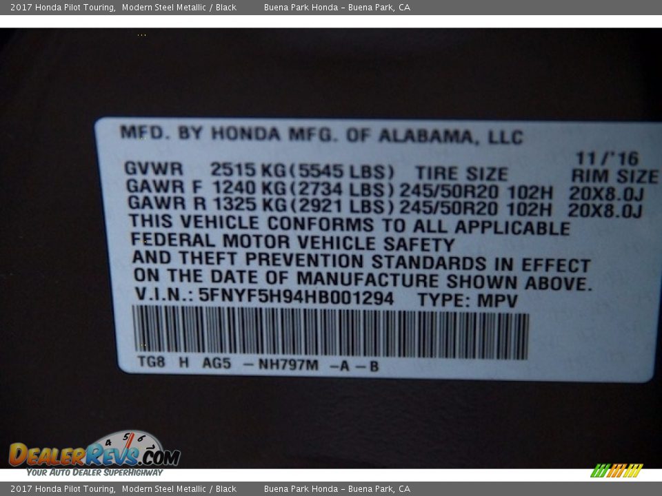 2017 Honda Pilot Touring Modern Steel Metallic / Black Photo #21