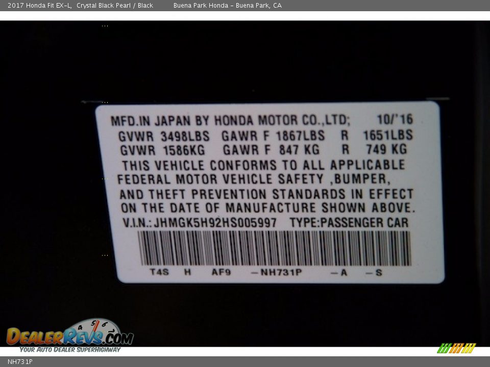 Honda Color Code NH731P Crystal Black Pearl