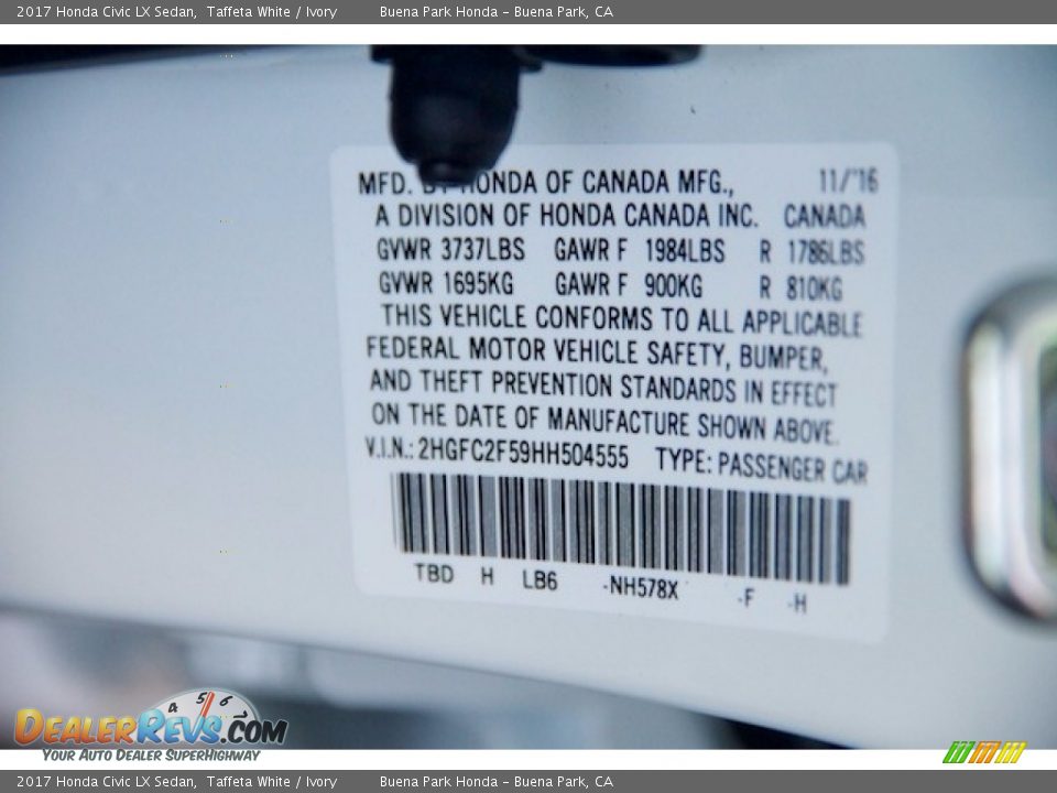 2017 Honda Civic LX Sedan Taffeta White / Ivory Photo #16