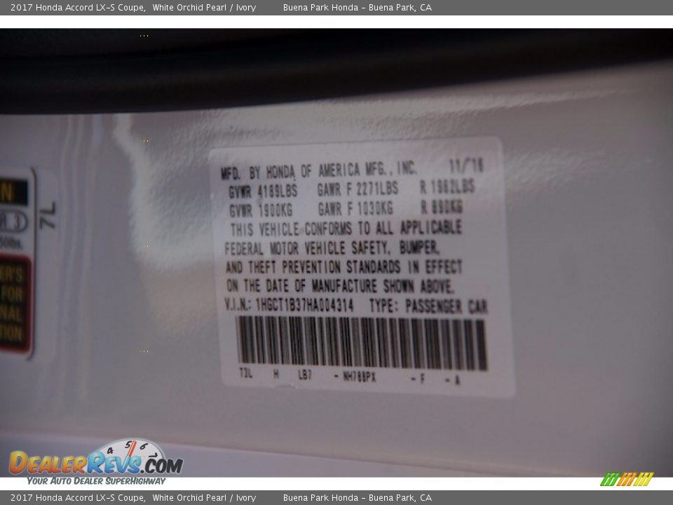 2017 Honda Accord LX-S Coupe White Orchid Pearl / Ivory Photo #14