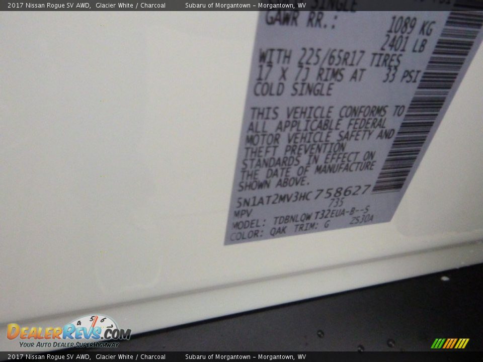 2017 Nissan Rogue SV AWD Glacier White / Charcoal Photo #13
