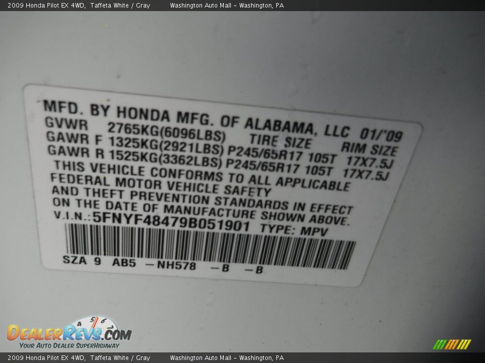 2009 Honda Pilot EX 4WD Taffeta White / Gray Photo #19