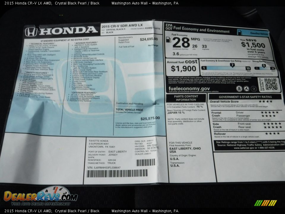 2015 Honda CR-V LX AWD Crystal Black Pearl / Black Photo #23