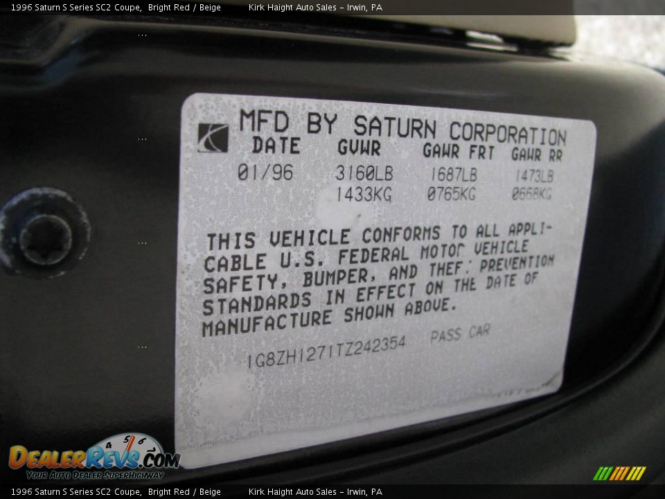 1996 Saturn S Series SC2 Coupe Bright Red / Beige Photo #19