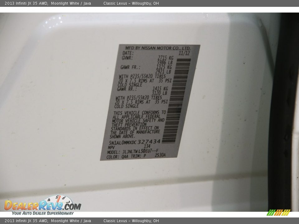 2013 Infiniti JX 35 AWD Moonlight White / Java Photo #30