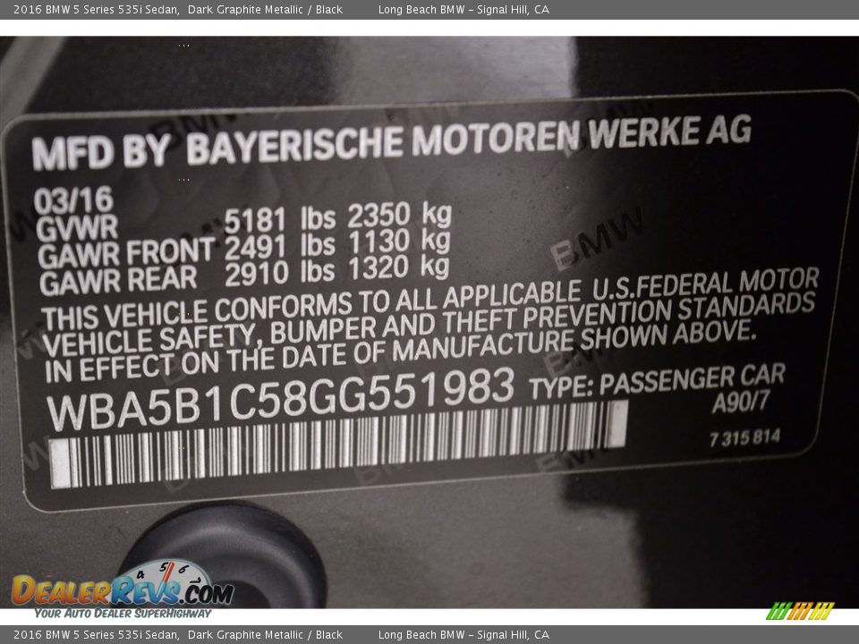 2016 BMW 5 Series 535i Sedan Dark Graphite Metallic / Black Photo #15