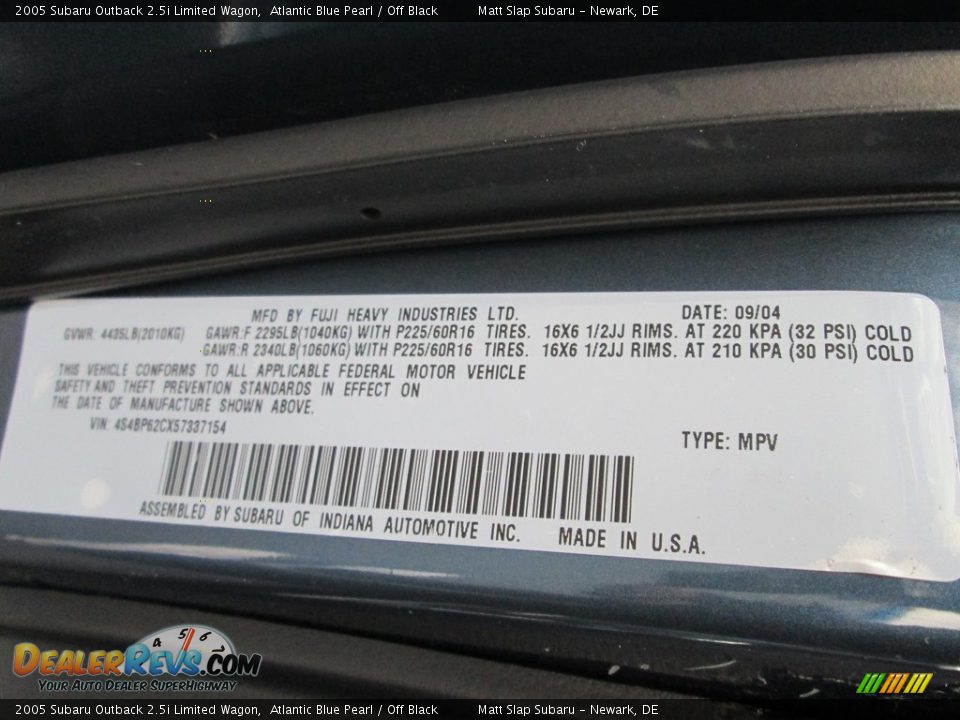 2005 Subaru Outback 2.5i Limited Wagon Atlantic Blue Pearl / Off Black Photo #29