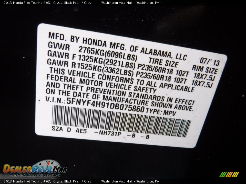 2013 Honda Pilot Touring 4WD Crystal Black Pearl / Gray Photo #29