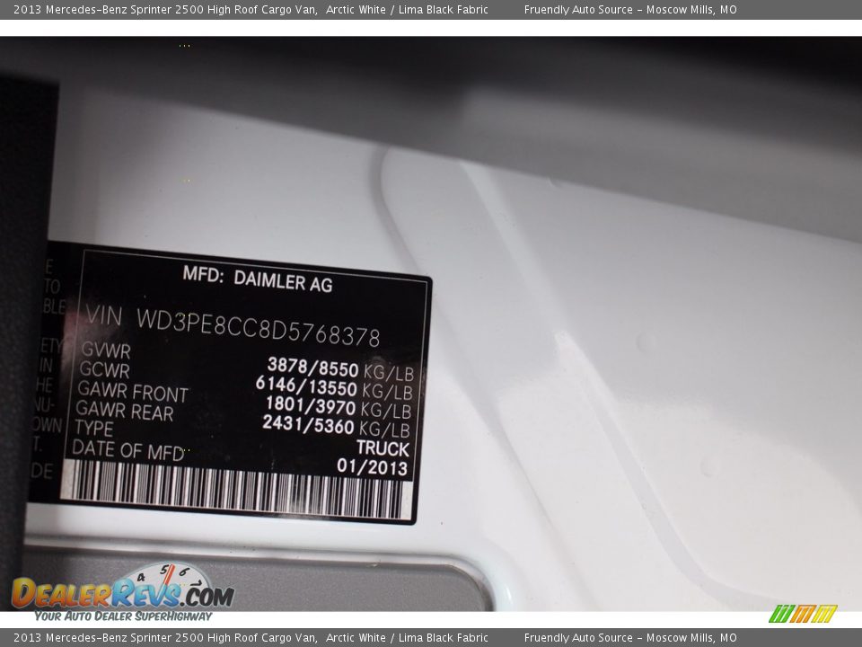 2013 Mercedes-Benz Sprinter 2500 High Roof Cargo Van Arctic White / Lima Black Fabric Photo #19